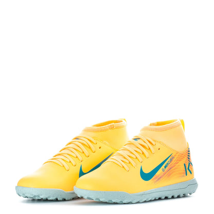 Yellow soccer cleats with blue accents on a white background