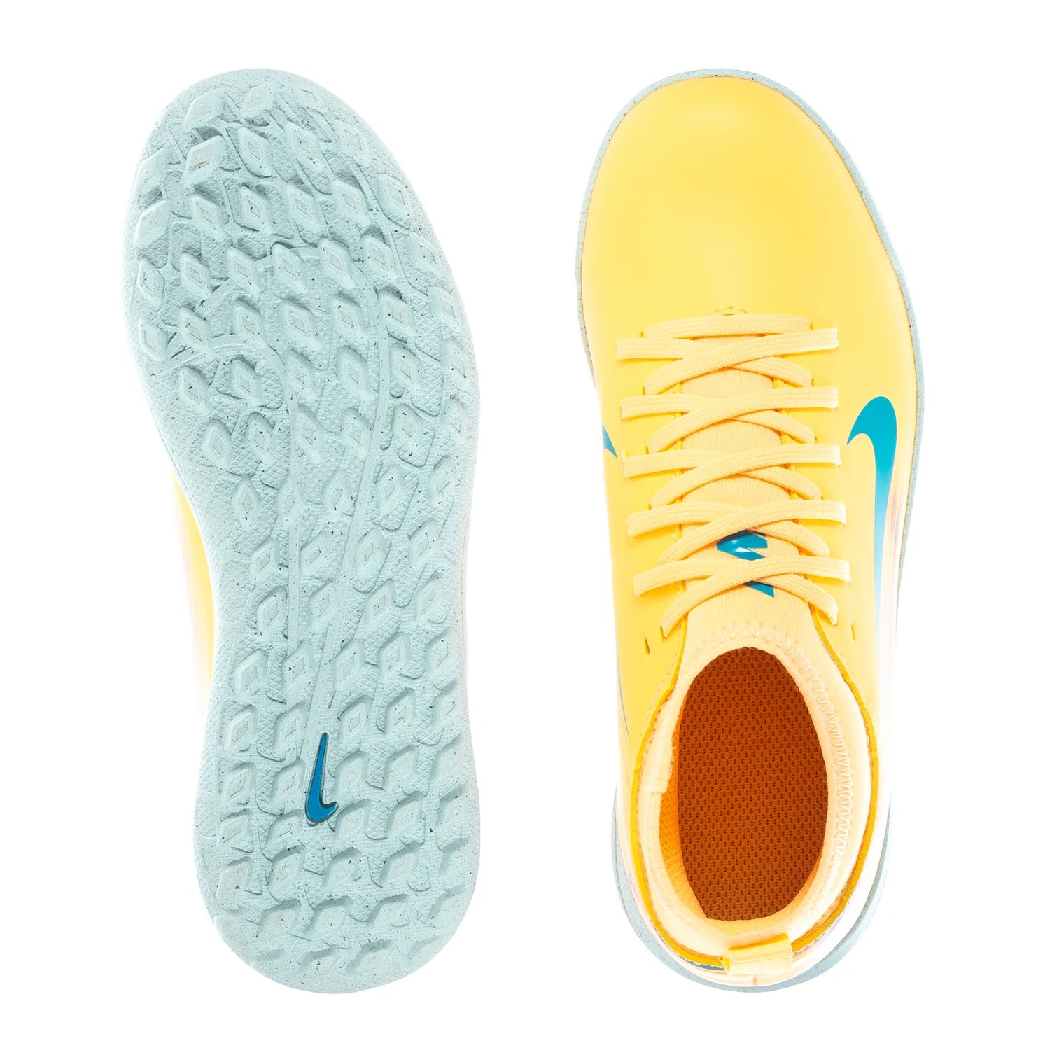 Yellow soccer cleat with blue Nike logo on a white background