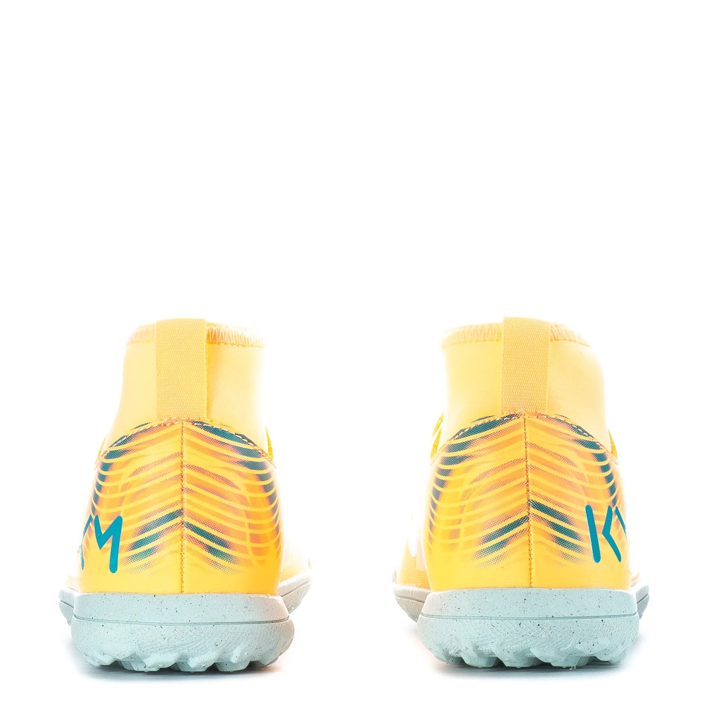 Yellow soccer cleats with blue accents on a white background