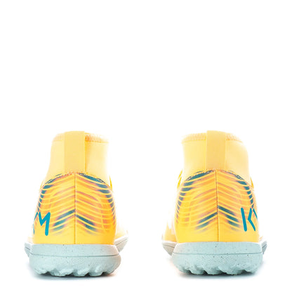 Yellow soccer cleats with blue accents on a white background