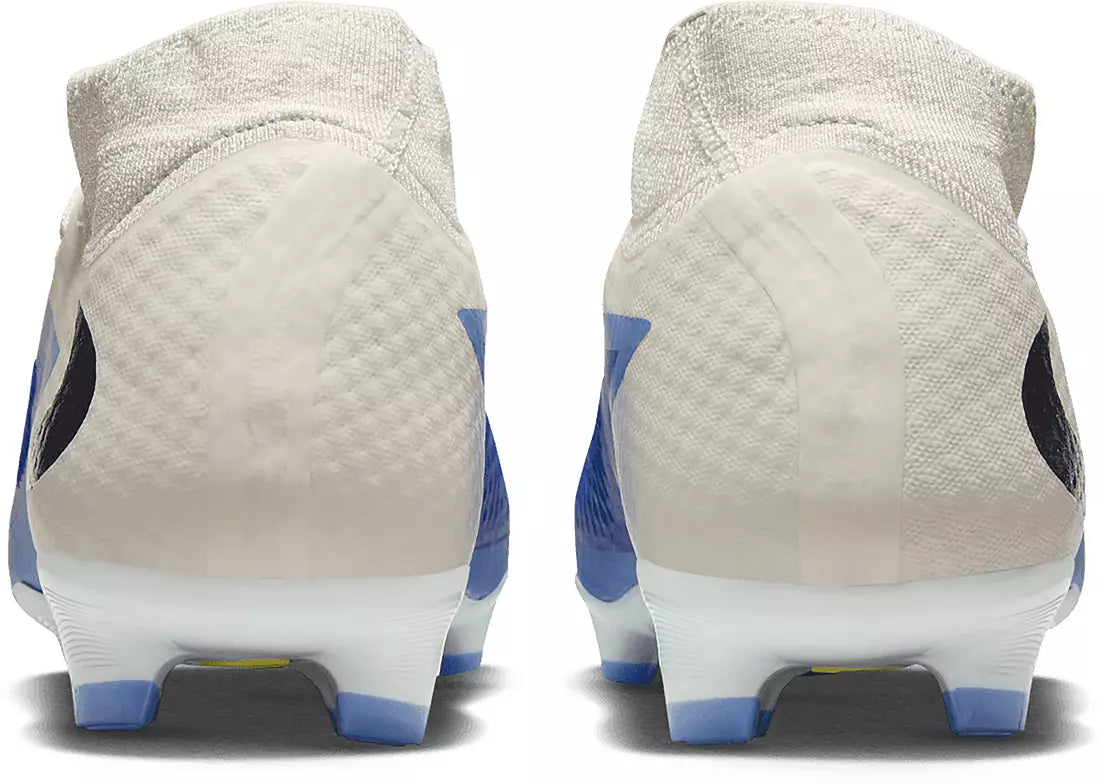 White and blue soccer cleats shown from the back on a white background