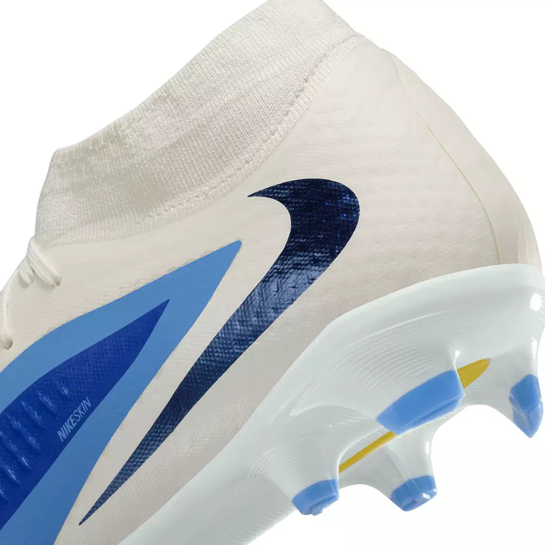 Close-up of a soccer cleat with Nike logo on a white background