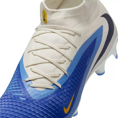 White and blue soccer cleat with Nike logo on a white background