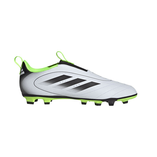 A pair of white adidas Goletto IX laceless soccer cleats for kids with black and green accents.