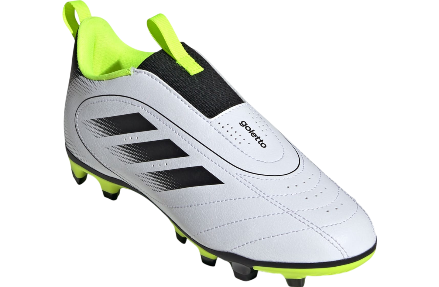 adidas Goletto IX FG/MG Kids JI1612 angled view in Cloud White Core Black Lucid Lemon