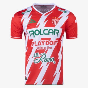 Red and white sports jersey with various brand logos on a white background