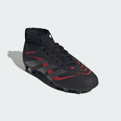 Black soccer cleat with red accents on a light gray background