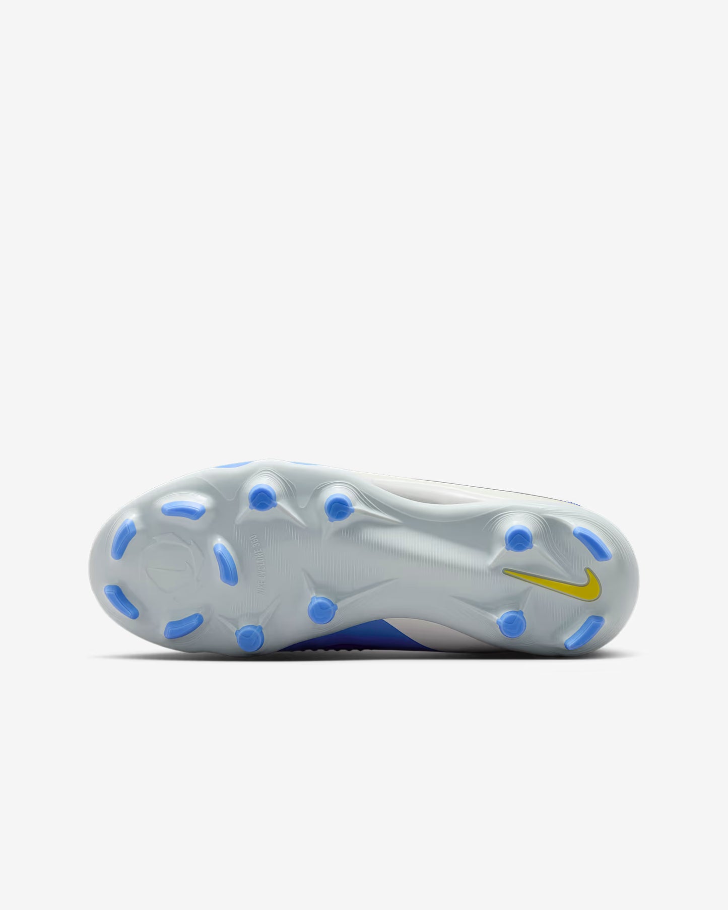 White sports shoe with blue accents and a yellow logo on a white background