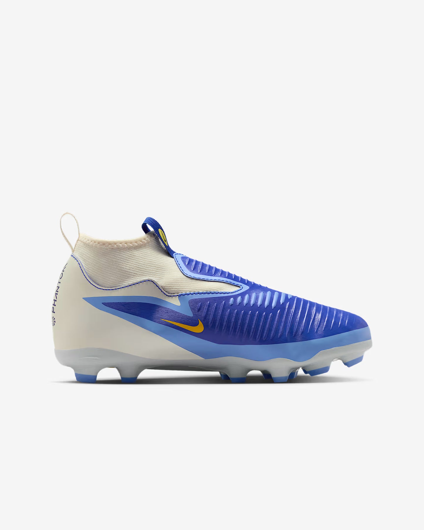 Blue and white soccer cleat with Nike logo on a white background