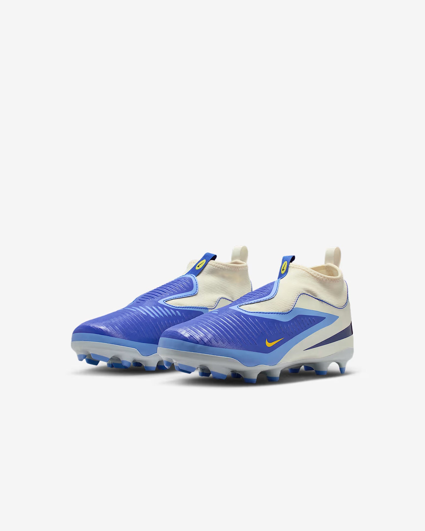 Blue and white soccer cleats with Nike logo on a white background