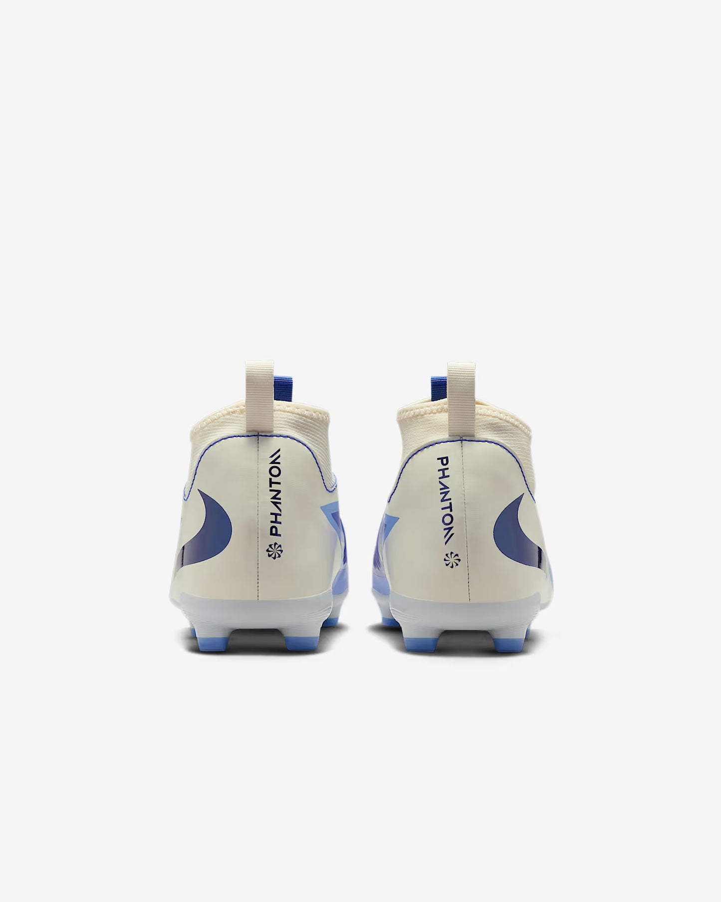 White soccer cleats with blue accents on a white background