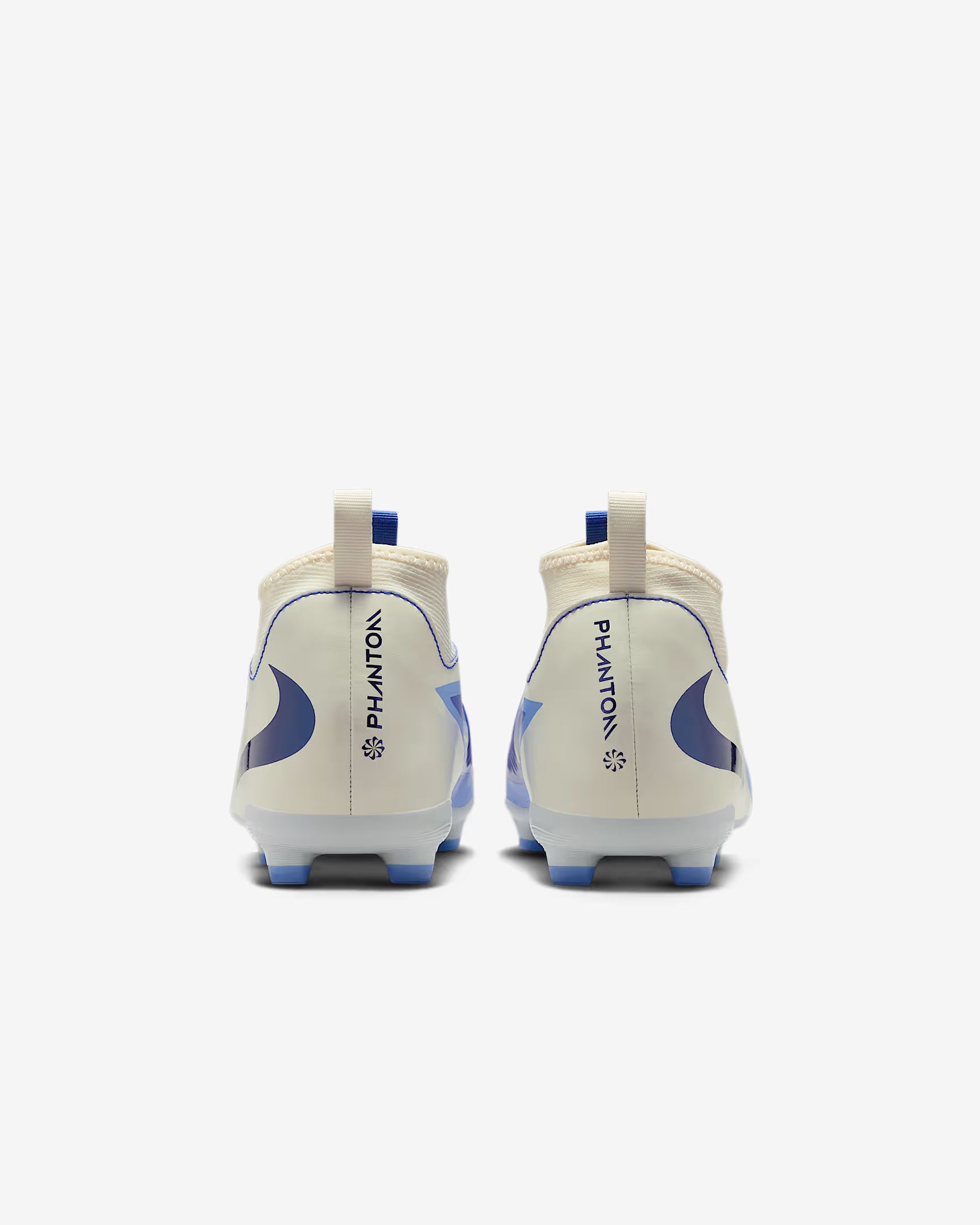 White soccer cleats with blue accents on a white background