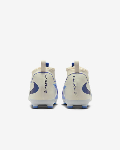 White soccer cleats with blue accents on a white background