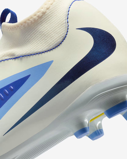 Close-up of a soccer cleat with blue and white design on a white background