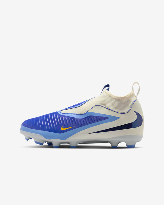 Blue and white soccer cleat with Nike logo on a white background