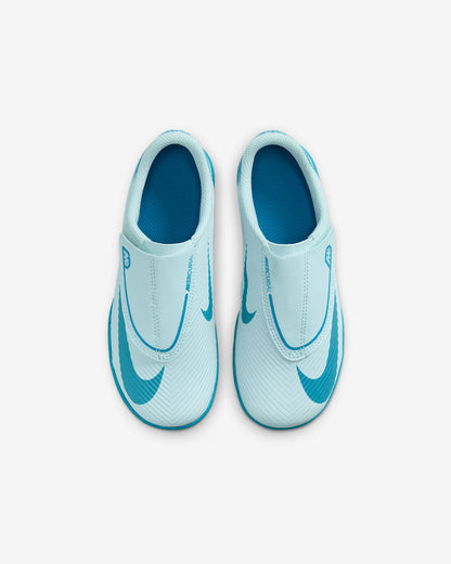 Pair of light blue children's shoes with a logo on a white background