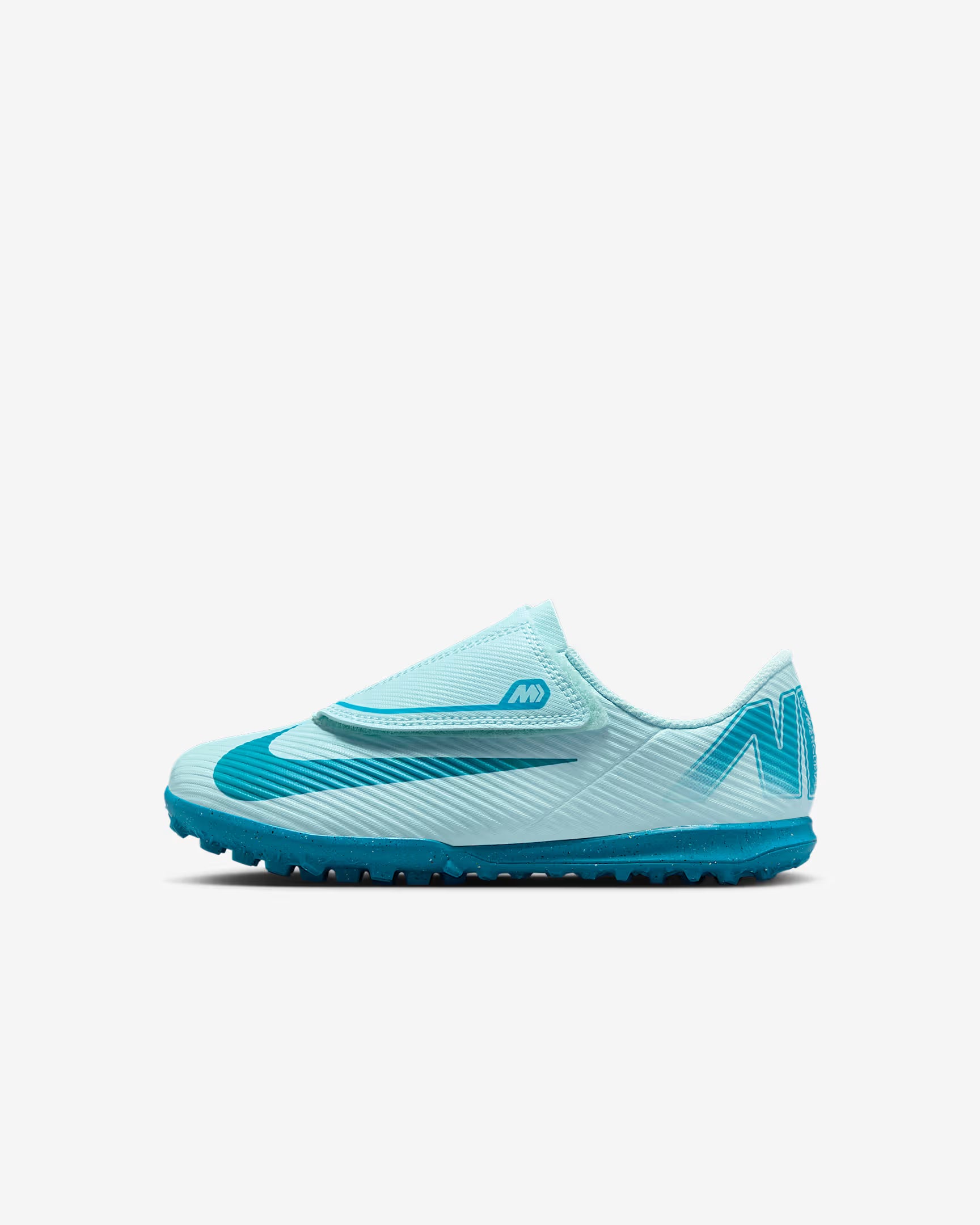 Light blue athletic shoe with blue accents on a white background