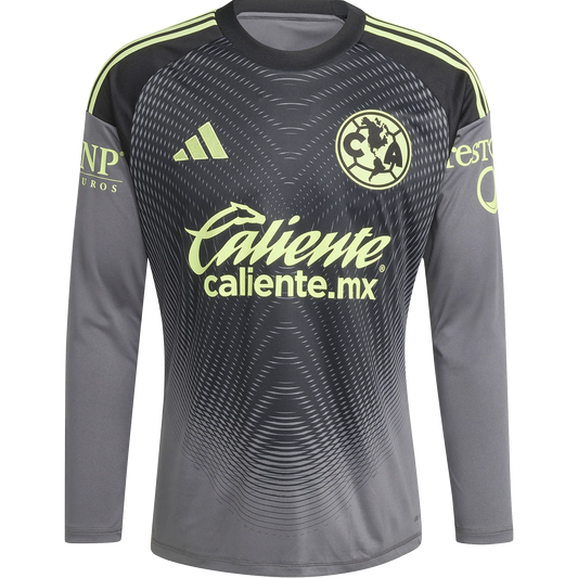 A long-sleeve soccer jersey for Club América, featuring a dark gray and black gradient pattern with neon yellow-green accents. The jersey includes the Adidas logo, the Club América crest, and the sponsor 'Caliente'.