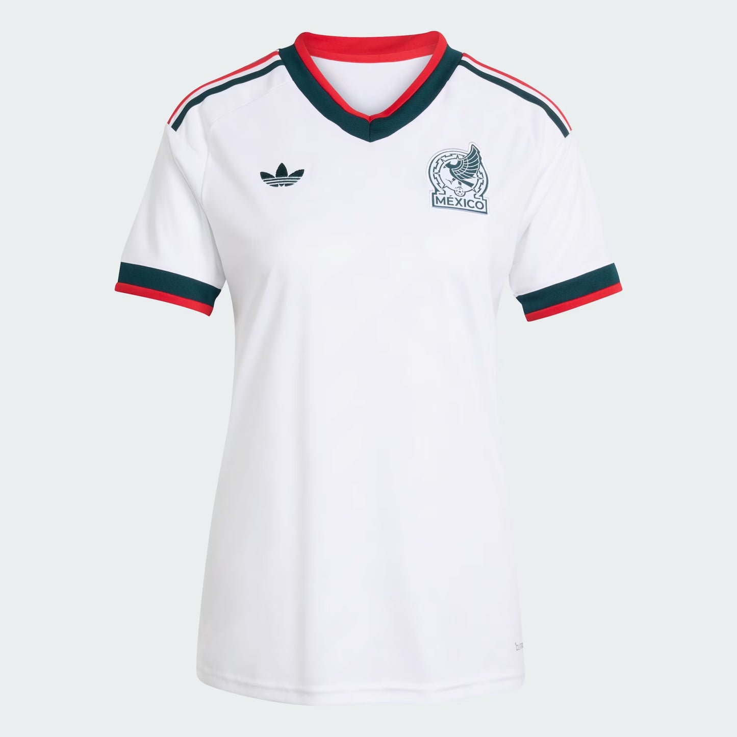 White sports jersey with red and green accents on a light gray background