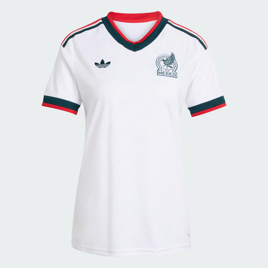 White sports jersey with red and green accents on a light gray background