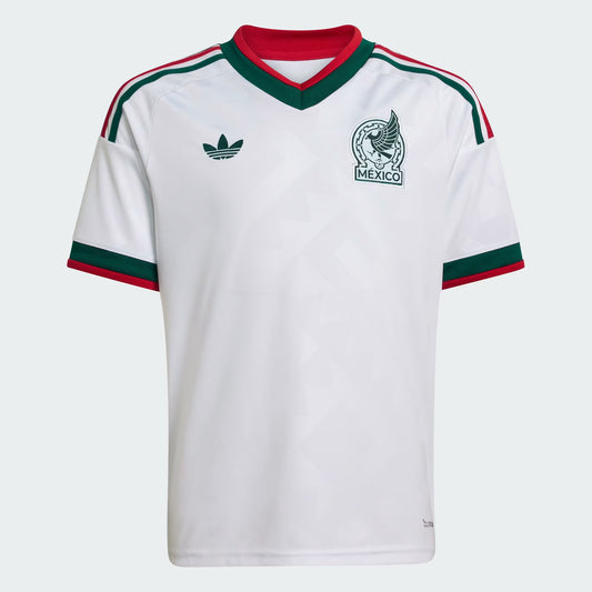 White soccer jersey with green and red accents, featuring Adidas logo and Mexico emblem on a white background