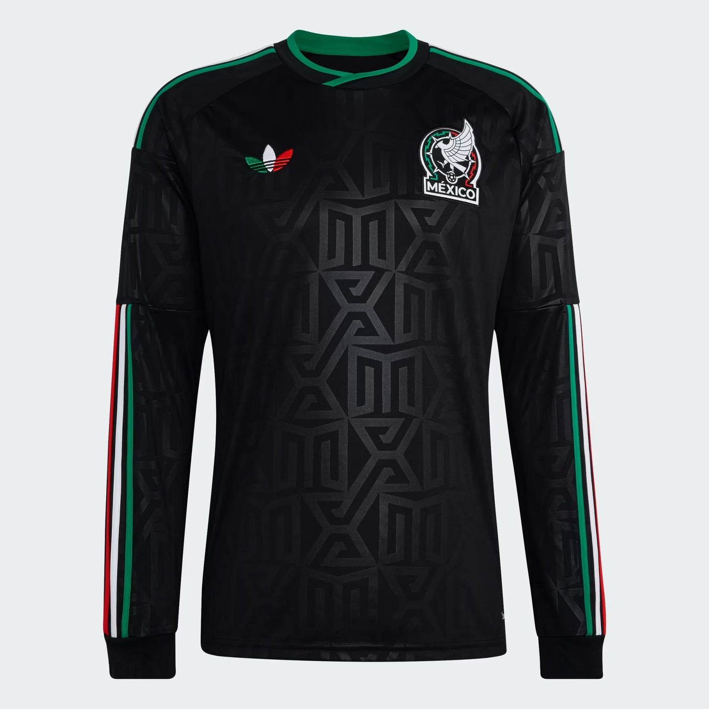 Black soccer jersey with Adidas logo and Mexico national team emblem on a light gray background