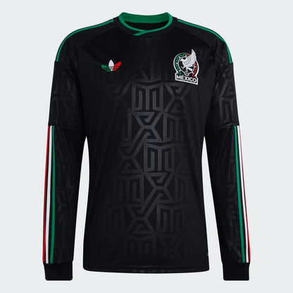 Black soccer jersey with Adidas logo and Mexico national team emblem on a light gray background
