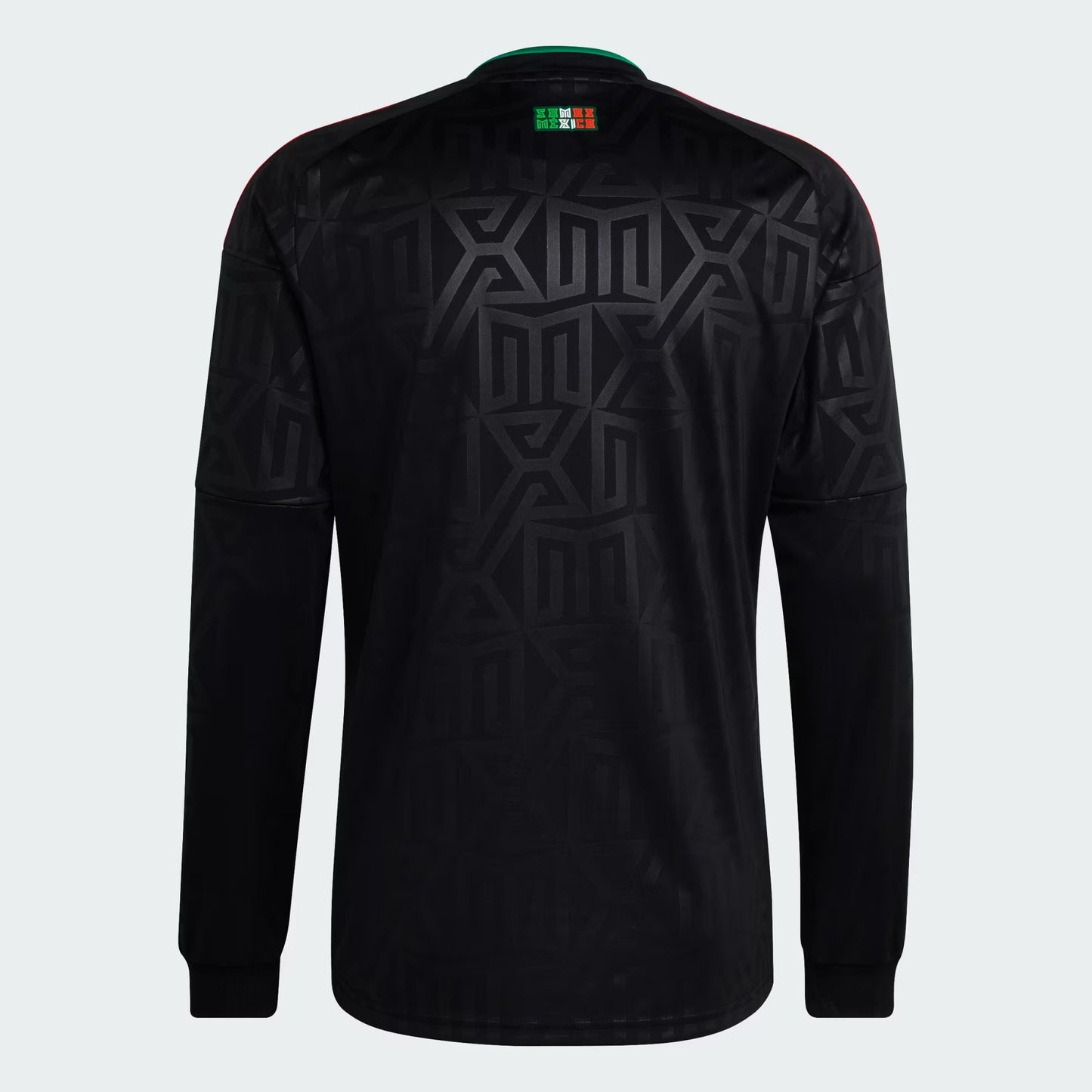 Black long-sleeve shirt with geometric pattern on a white background