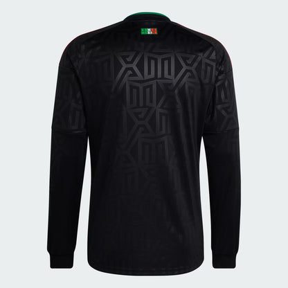 Black long-sleeve shirt with geometric pattern on a white background