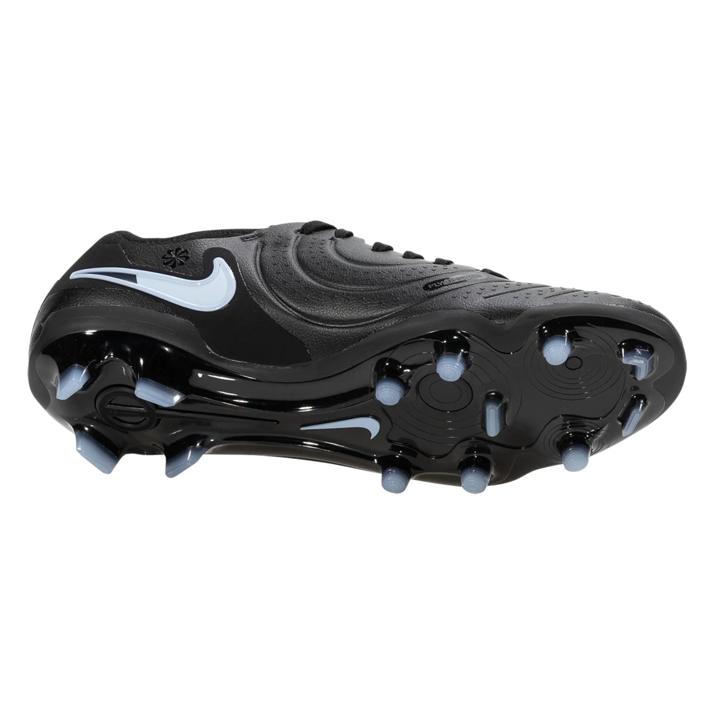 Black soccer cleat with white swoosh logo on a white background