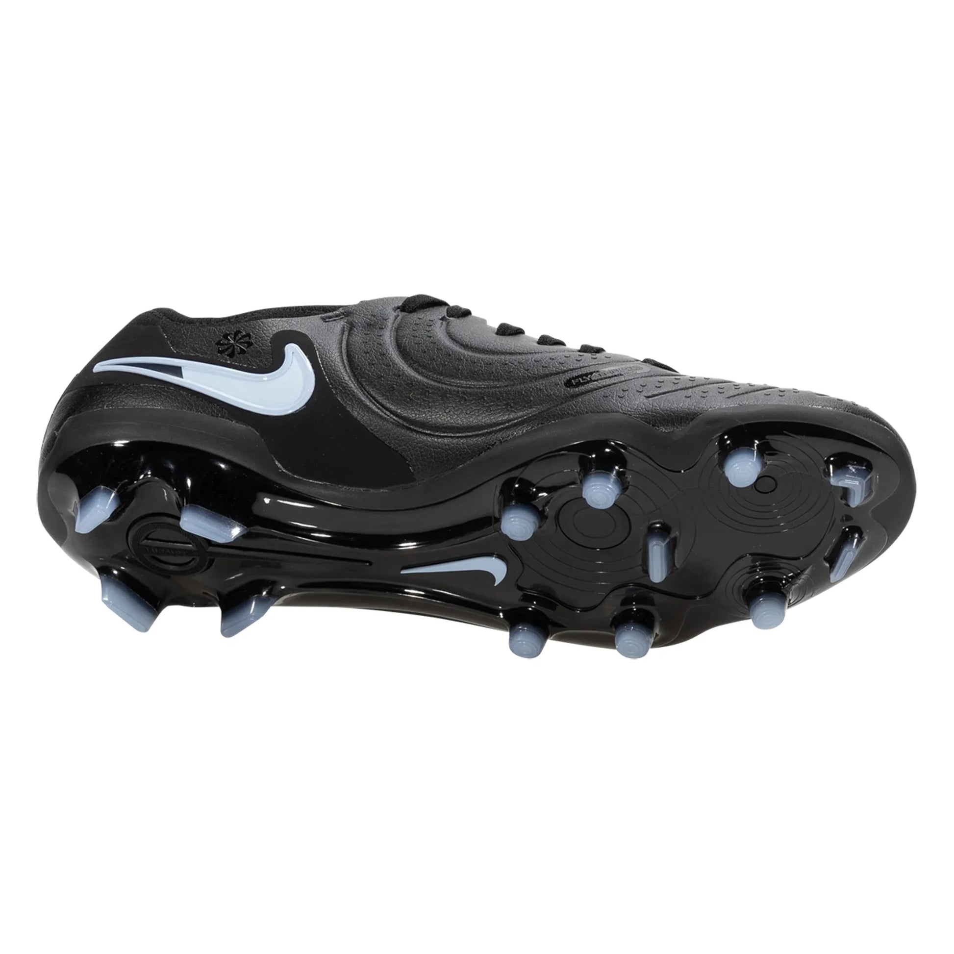 Black soccer cleat with white swoosh logo on a white background