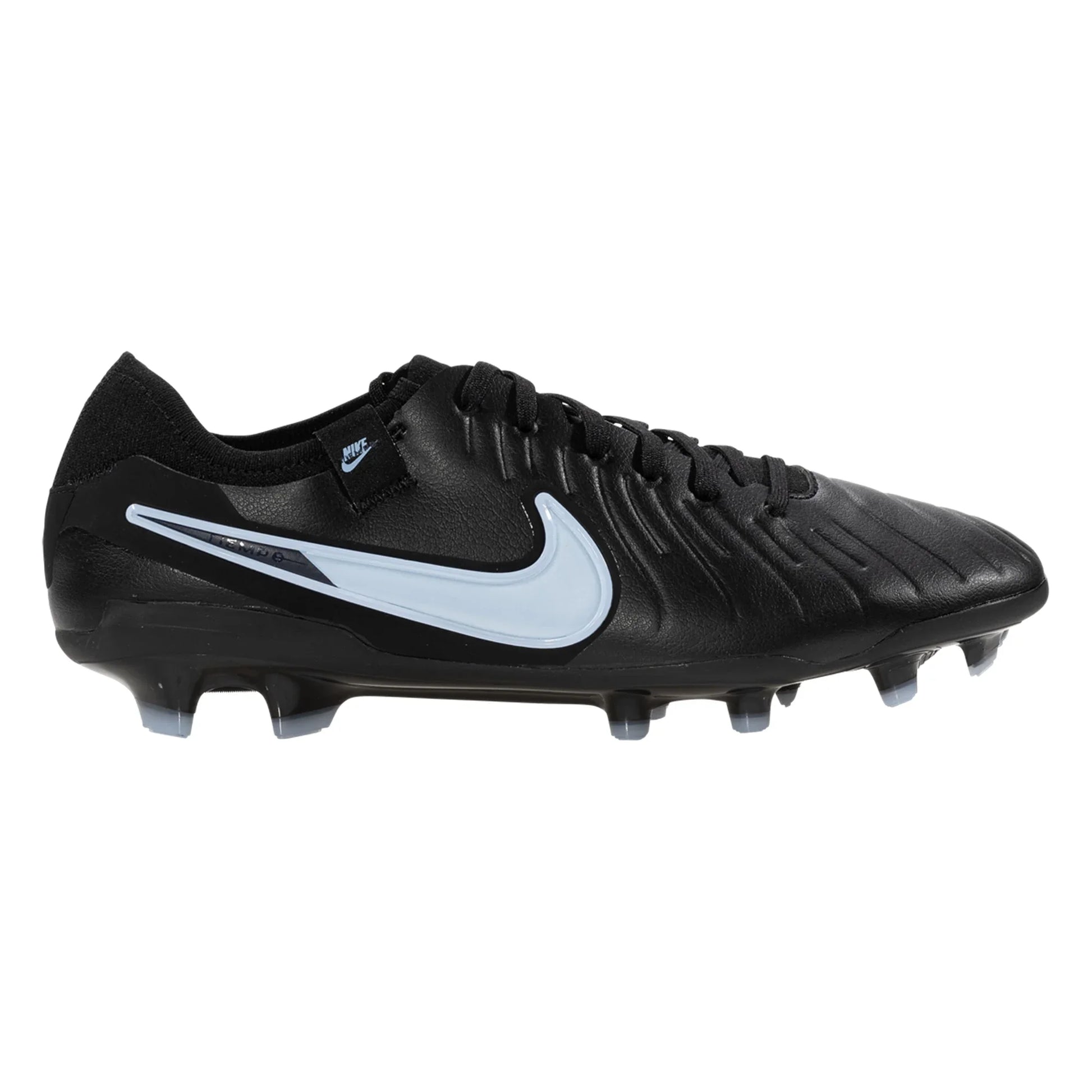 Black soccer cleat with a white Nike logo on a white background