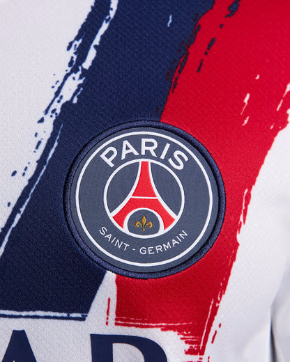 Paris Saint-Germain logo on a sports jersey with red, blue, and white design.
