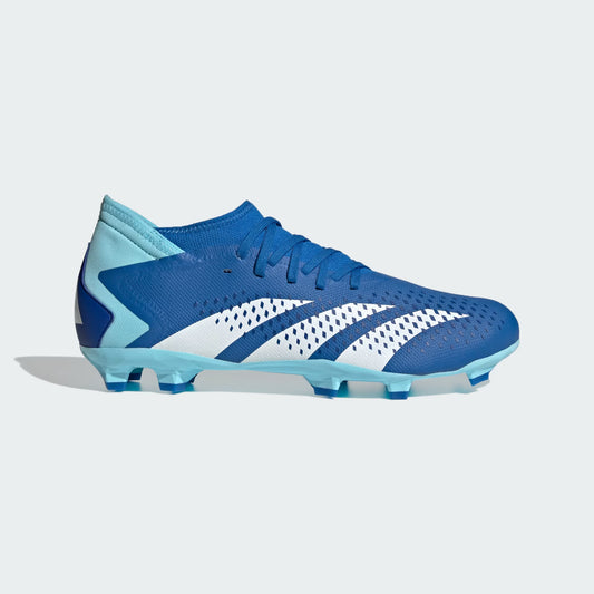 Blue and light blue soccer cleat on a light gray background
