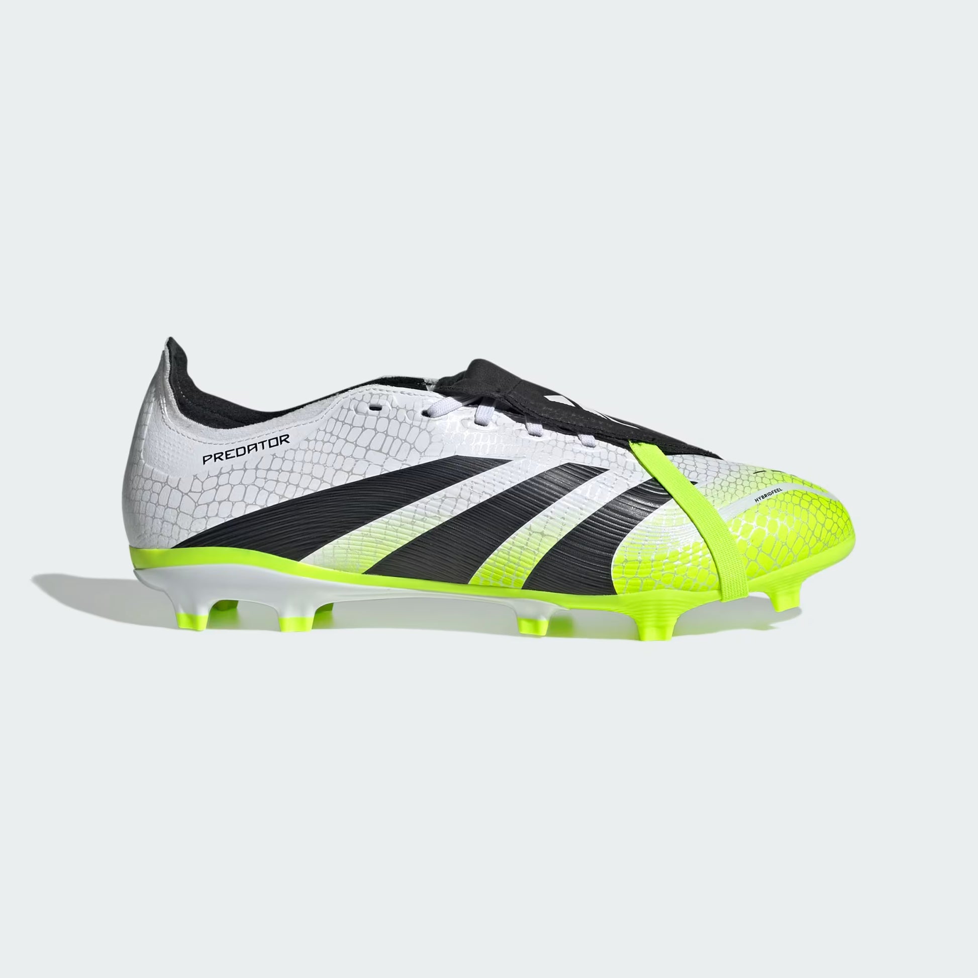 White soccer cleat with black and yellow accents on a light gray background