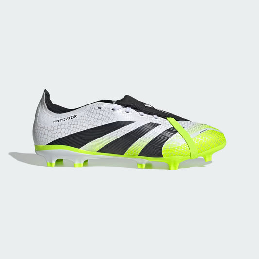 White soccer cleat with black and yellow accents on a light gray background