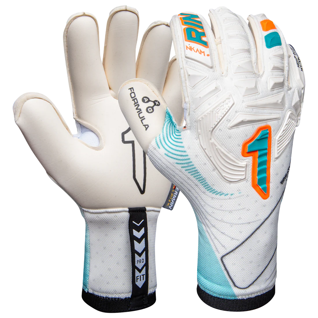 inat NKAM PRO Goalkeeper Gloves palm view German AXG latex Backhand view Rinat NKAM PRO gloves rubber inserts and BREATHEX fabric