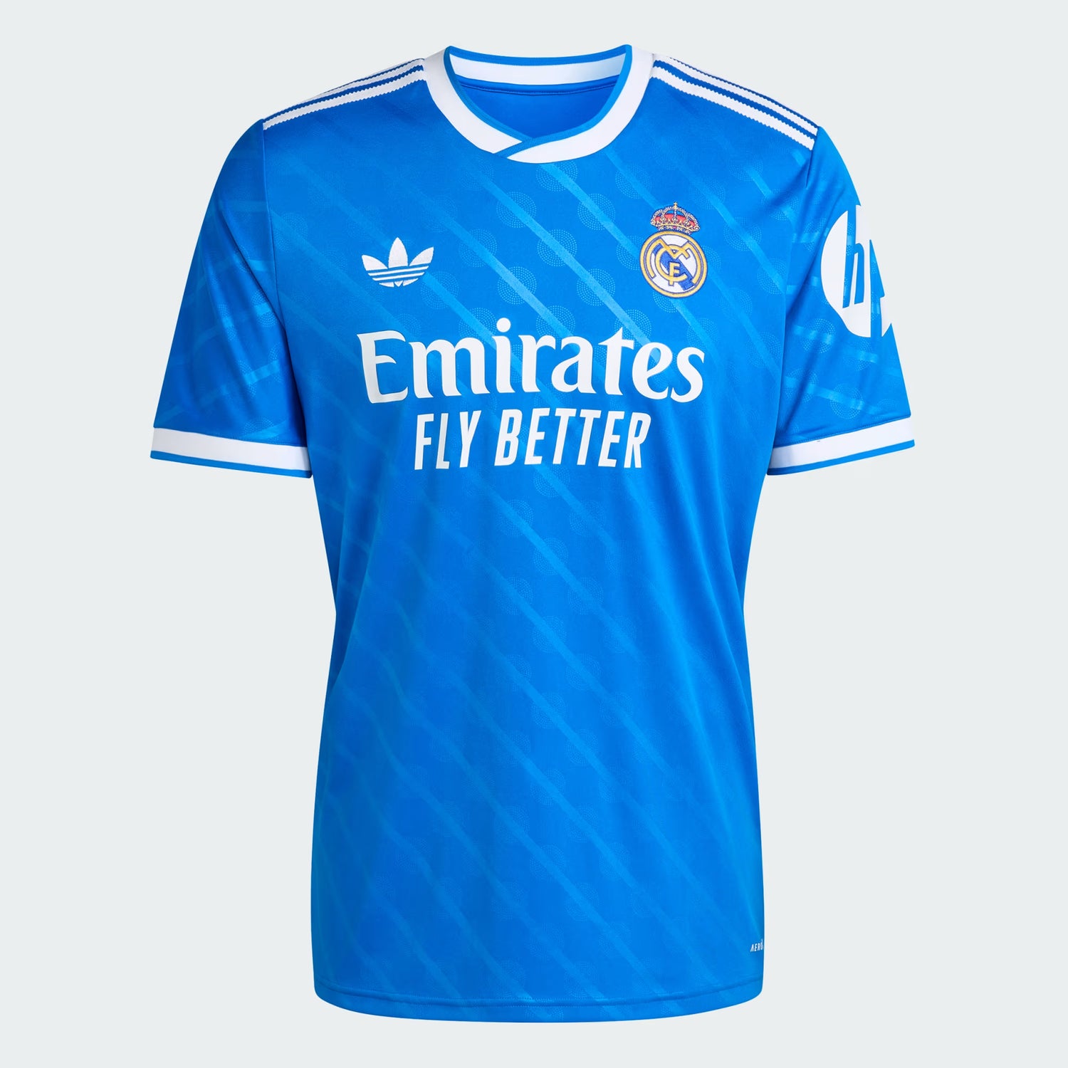 Blue sports jersey with Emirates branding on a white background