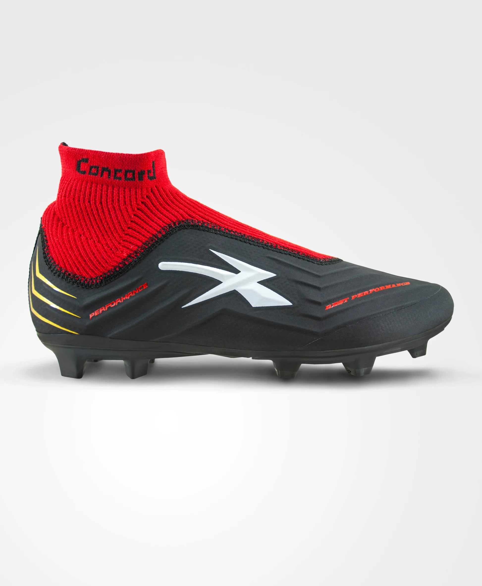 Black and red soccer cleat with Concord branding on a gray background