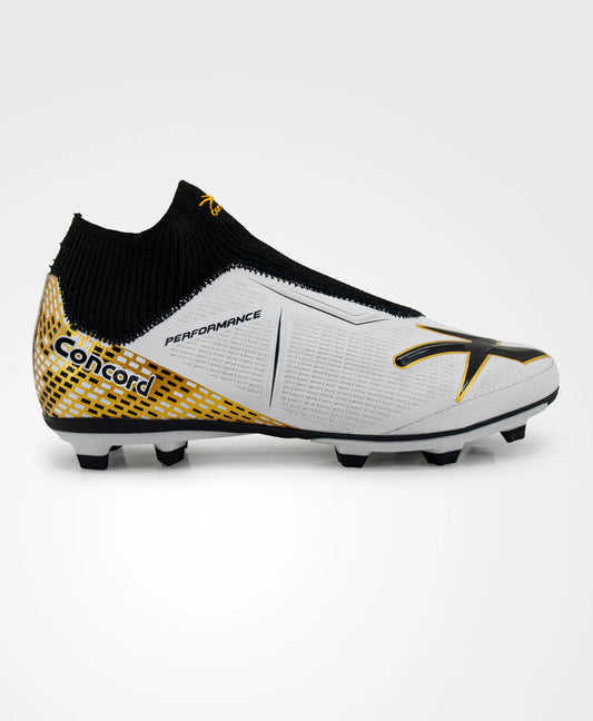 White soccer cleat with black and gold accents on a white background