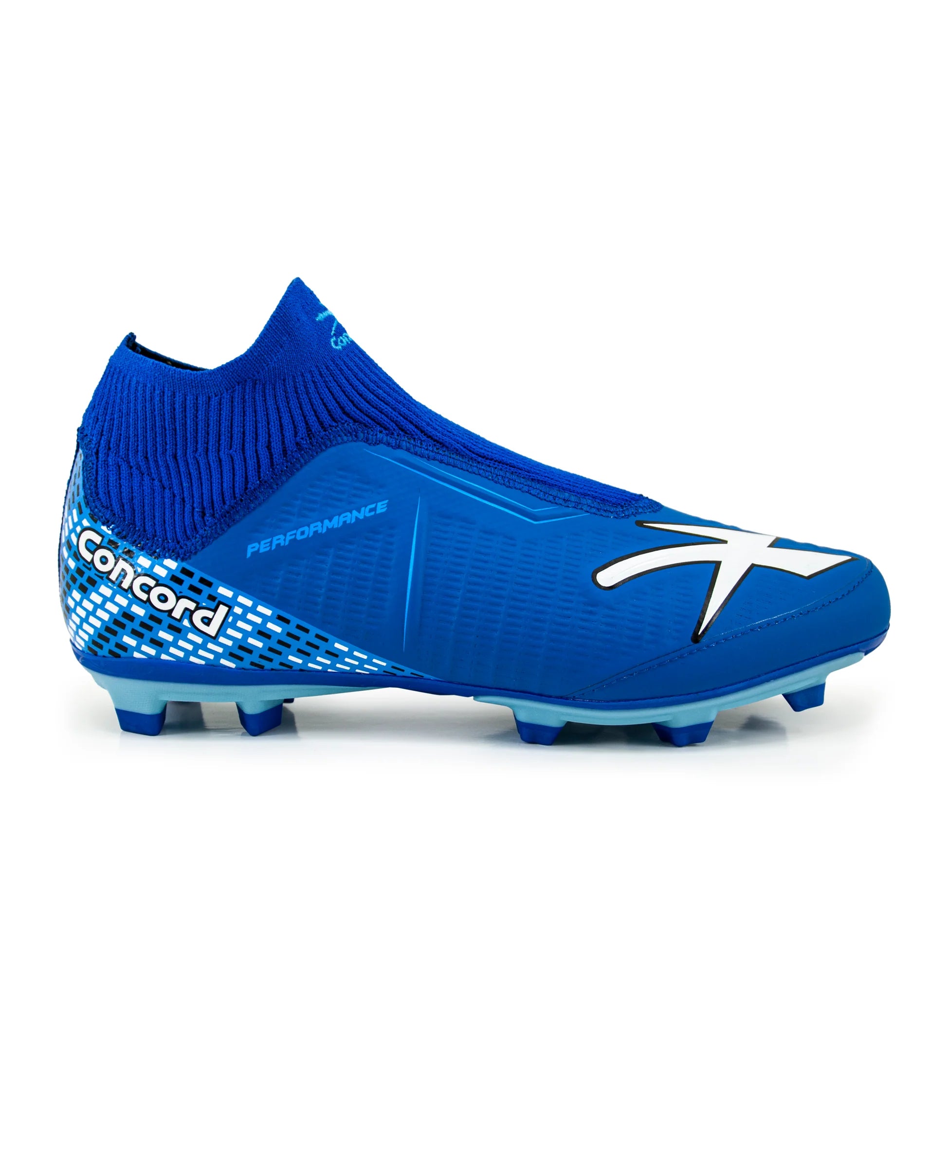 Blue soccer cleat with white accents on a white background
