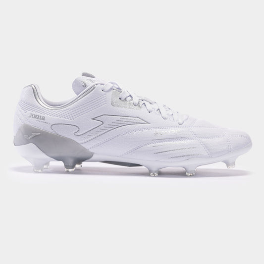 White athletic shoe with cleats on a light gray background