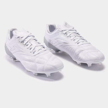 Pair of white soccer cleats on a light gray background