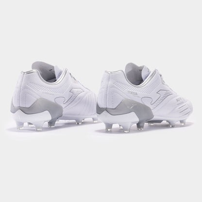 Pair of white soccer cleats on a light gray background
