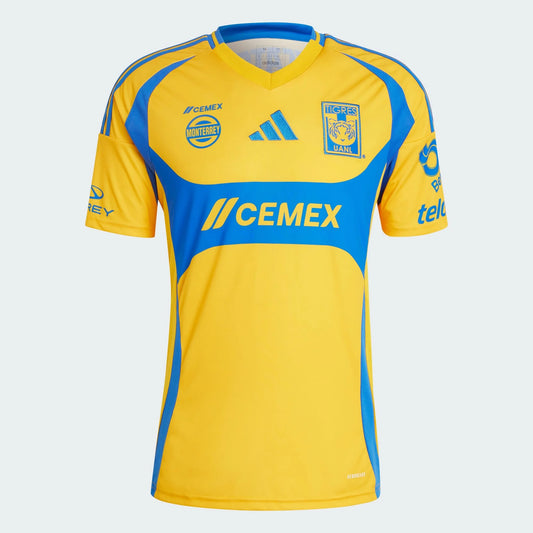 Yellow and blue sports jersey with various logos on a white background