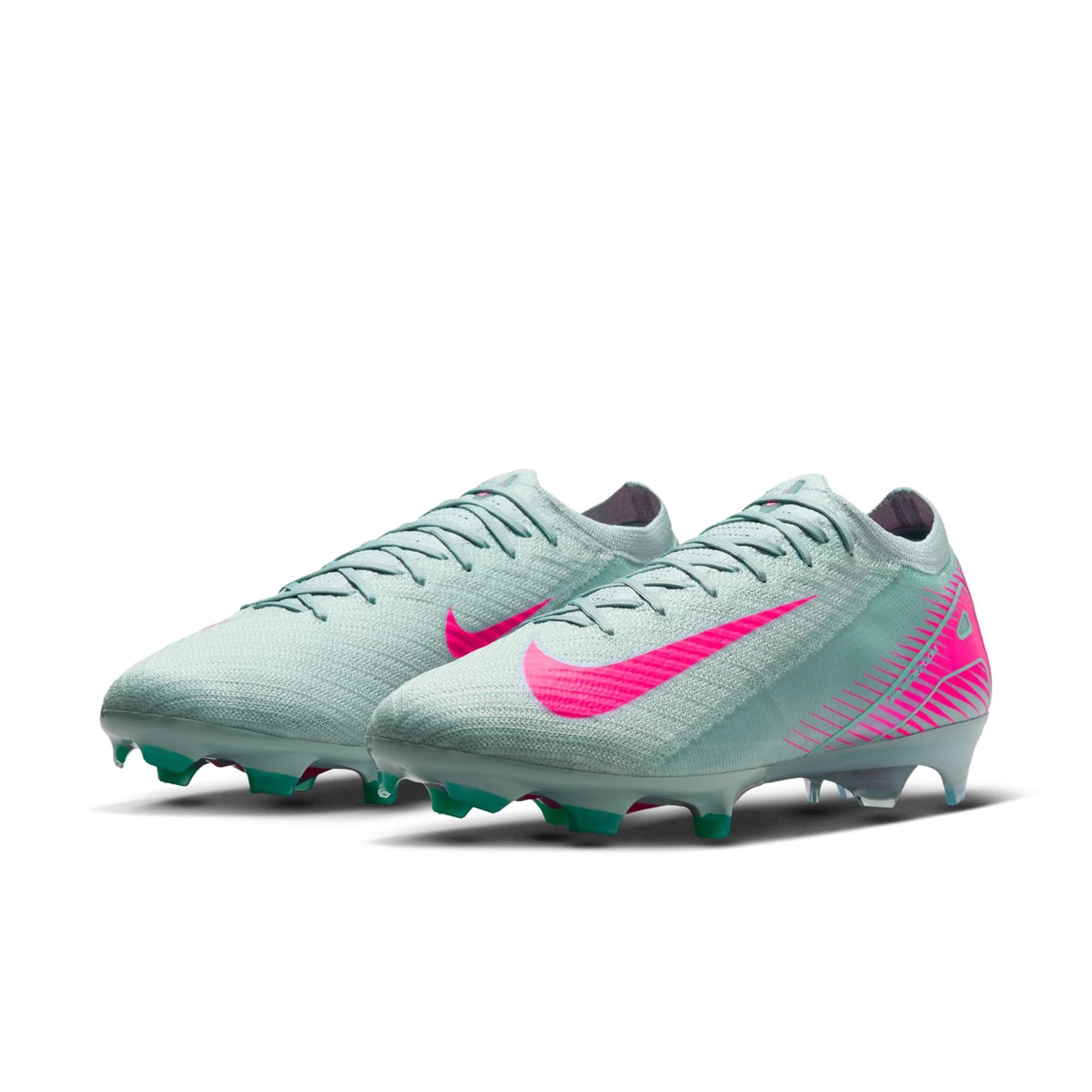 Pair of light blue soccer cleats with pink Nike logo on a white background