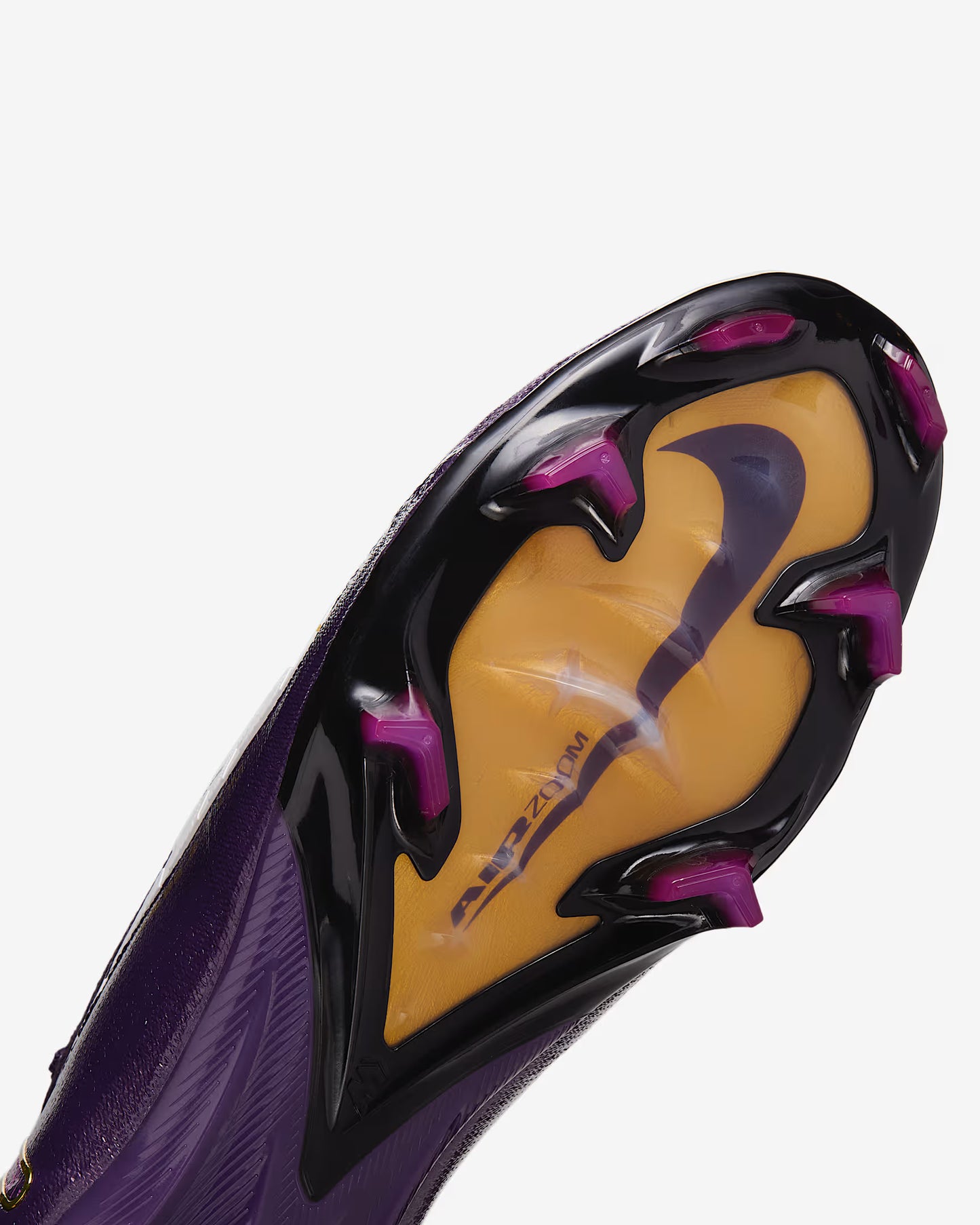 Close-up of a sports shoe with purple and yellow design on a white background