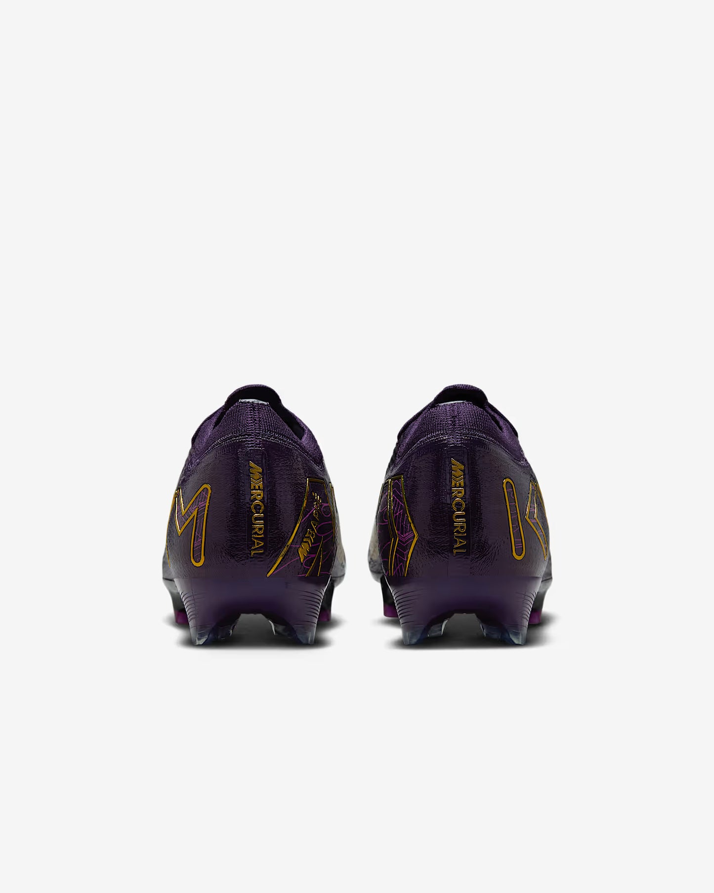 Purple soccer cleats with yellow accents on a white background
