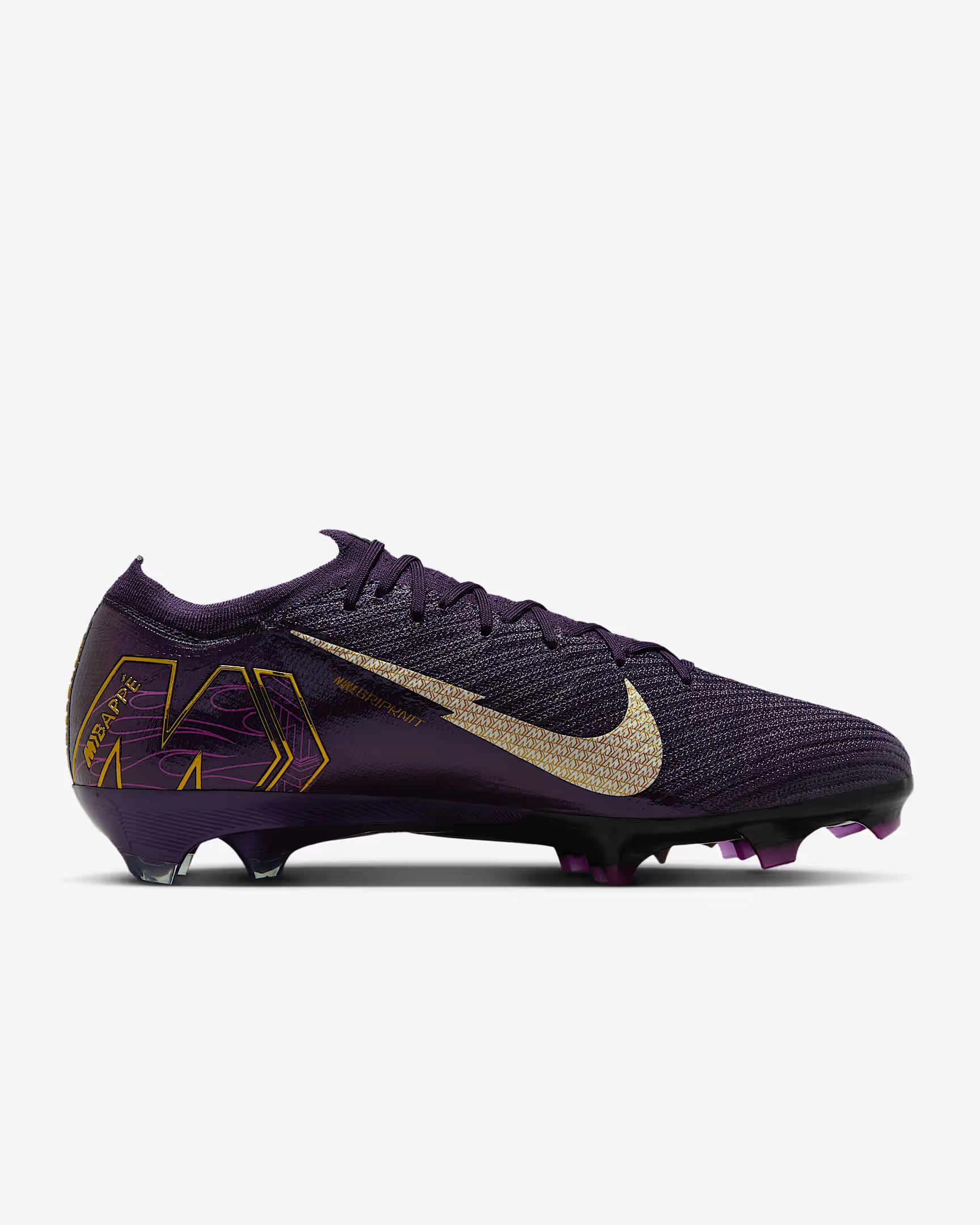 Purple soccer cleat with gold Nike logo on a white background