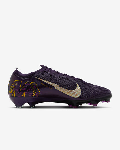 Purple soccer cleat with gold Nike logo on a white background